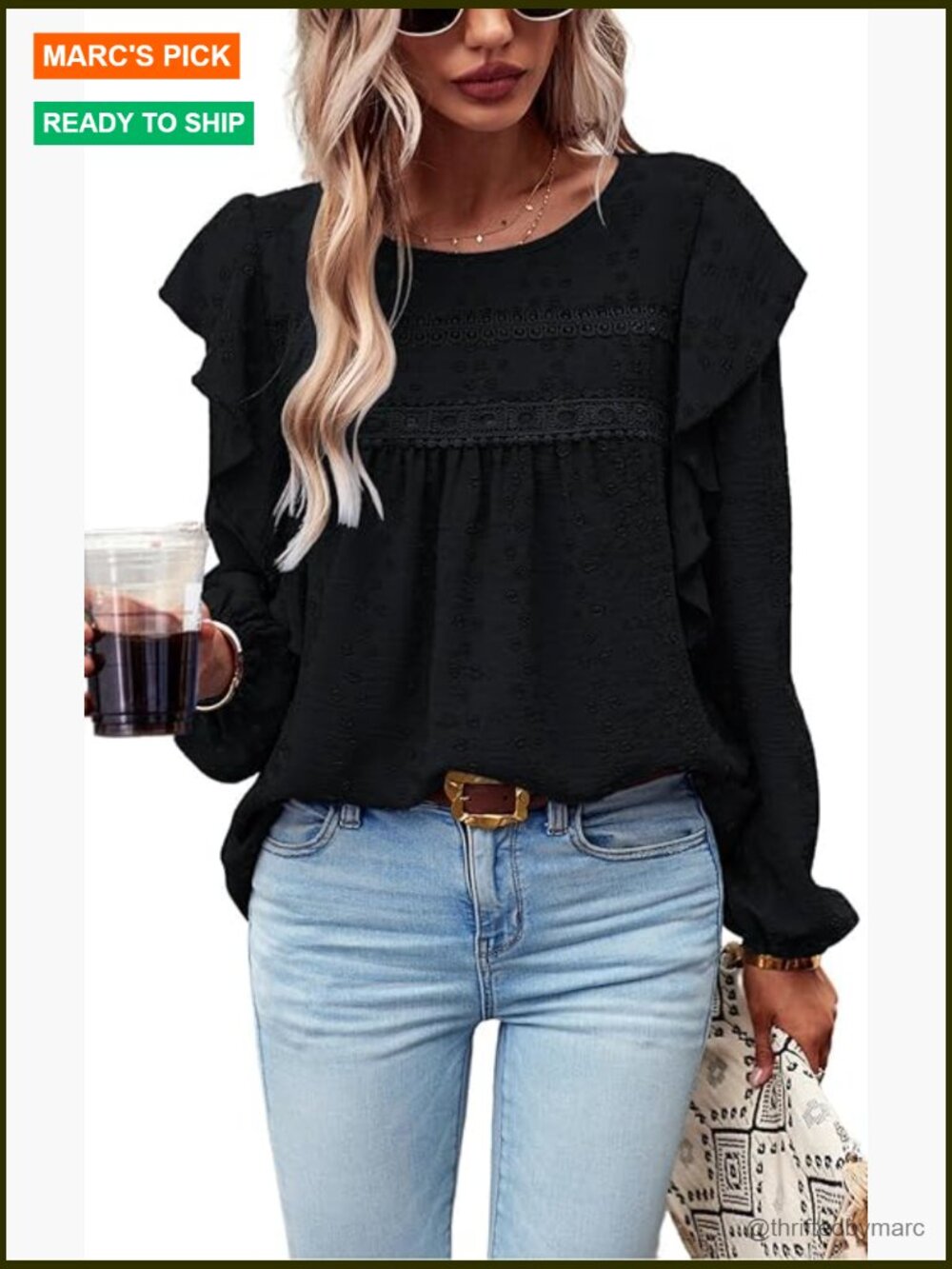 Long Sleeve Ruffle Swiss Dot Tunic Top Loose Fit Blouse
